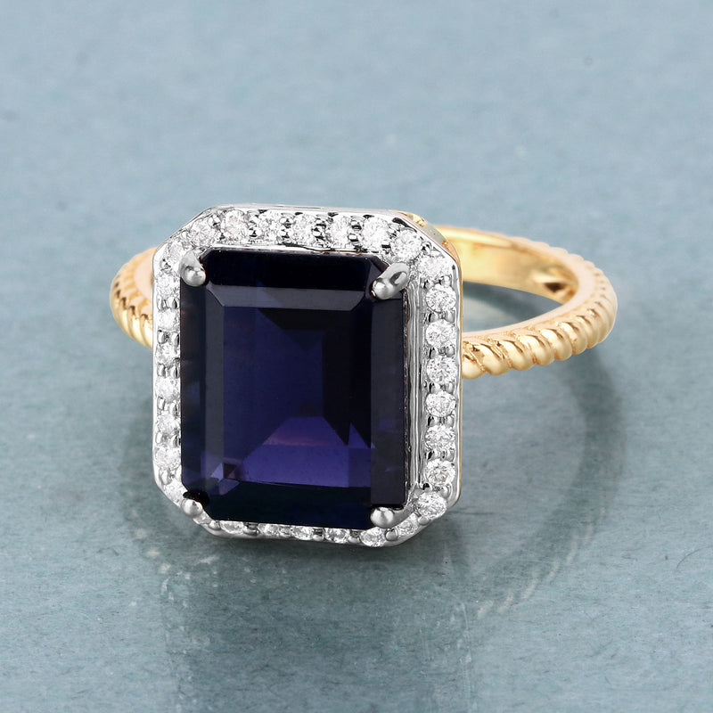 3.65 Carat Genuine Iolite and White Diamond 14K Yellow Gold Ring