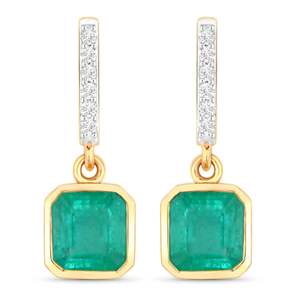 1.48 Carat Genuine Emerald and White Diamond 14K Yellow Gold Earrings