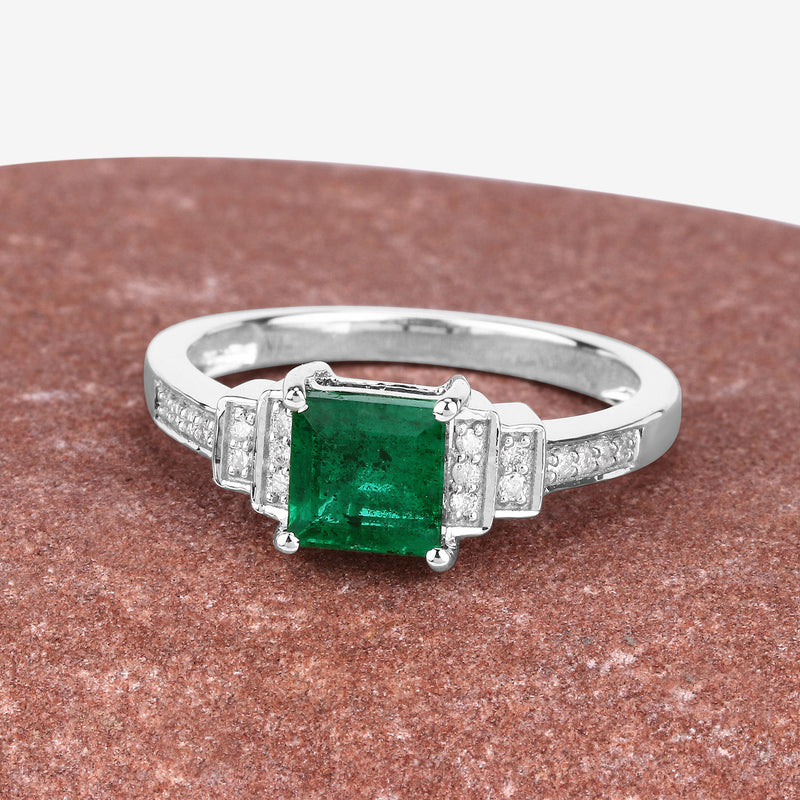 1.09 Carat Genuine Zambian Emerald and White Diamond 14K White Gold Ring