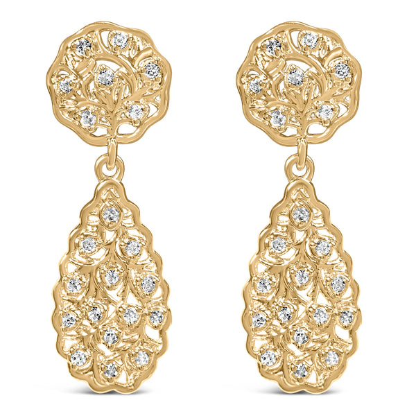 14K Yellow Gold Plated Sterling Silver 1/5 Cttw Diamond Teardrop Filigree Earrings (H-I Color, I1-I2 Clarity)