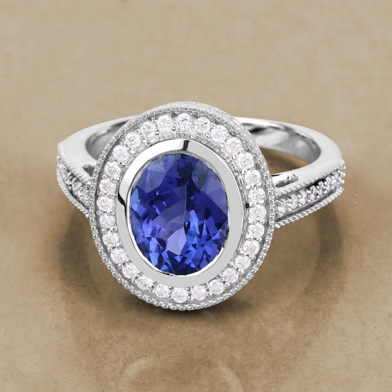 2.94 Carat Genuine Tanzanite and White Diamond 14K White Gold Ring