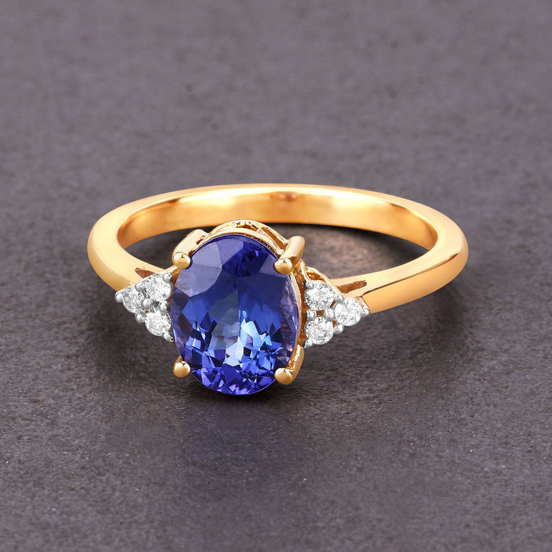 1.96 Carat Genuine Tanzanite and White Diamond 14K Yellow Gold Ring