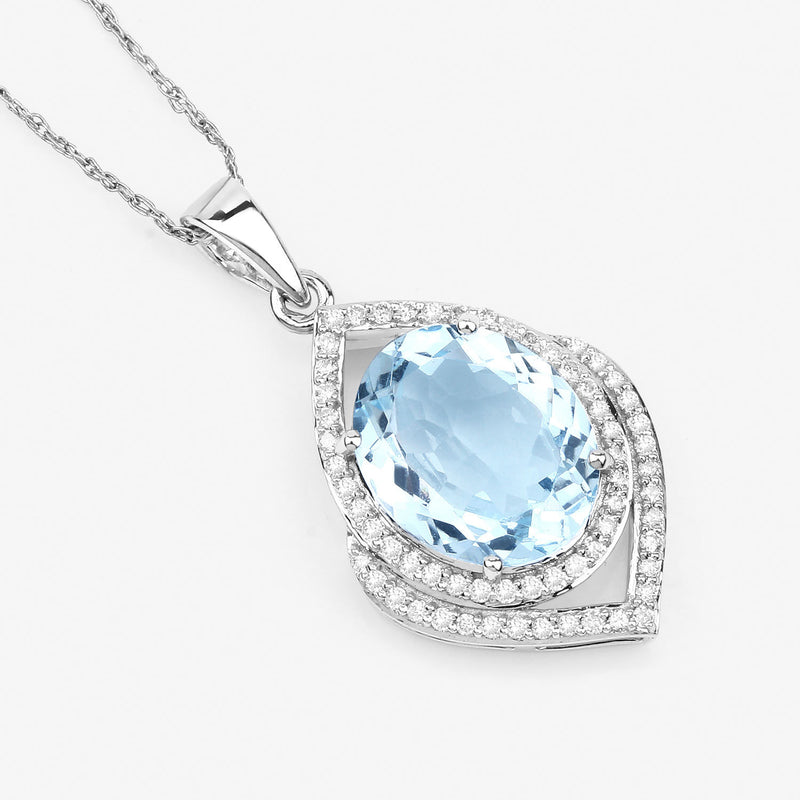 3.82 Carat Genuine Aquamarine and White Diamond 14K White Gold Pendant