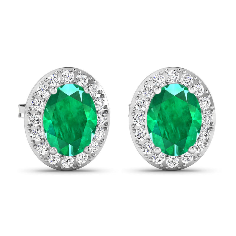 2.45 Carat Genuine Zambian Emerald and White Diamond 14K White Gold Earrings