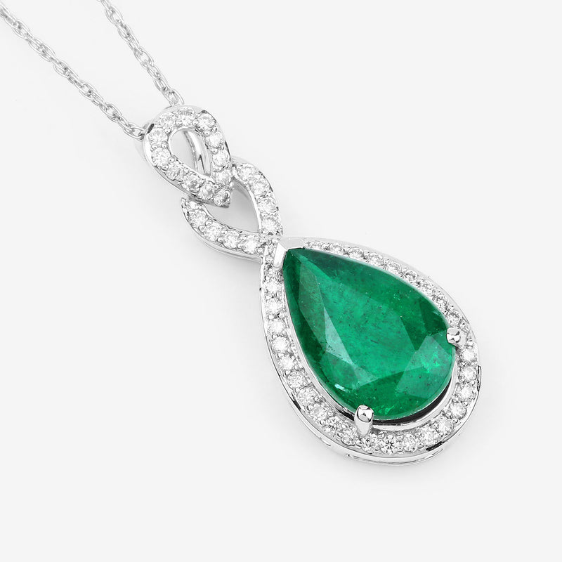 IGI Certified 3.11 Carat Genuine Zambian Emerald and White Diamond 14K White Gold Pendant