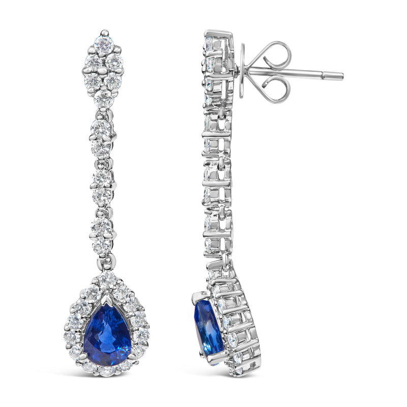 18K White Gold 1 3/5 Cttw Diamond and 7X5 MM Pear Shaped Blue Sapphire 1 1/3 Inch Drop and Dangle Halo Earrings (G-H Color, VS1-VS2 Clarity)