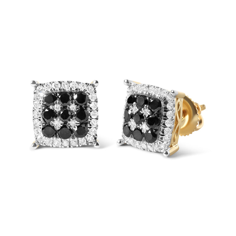 Men's 10K Yellow Gold 7/8 Cttw White and Black Diamond Composite Halo Stud Earring (I-J Color, I2-I3 Clarity)