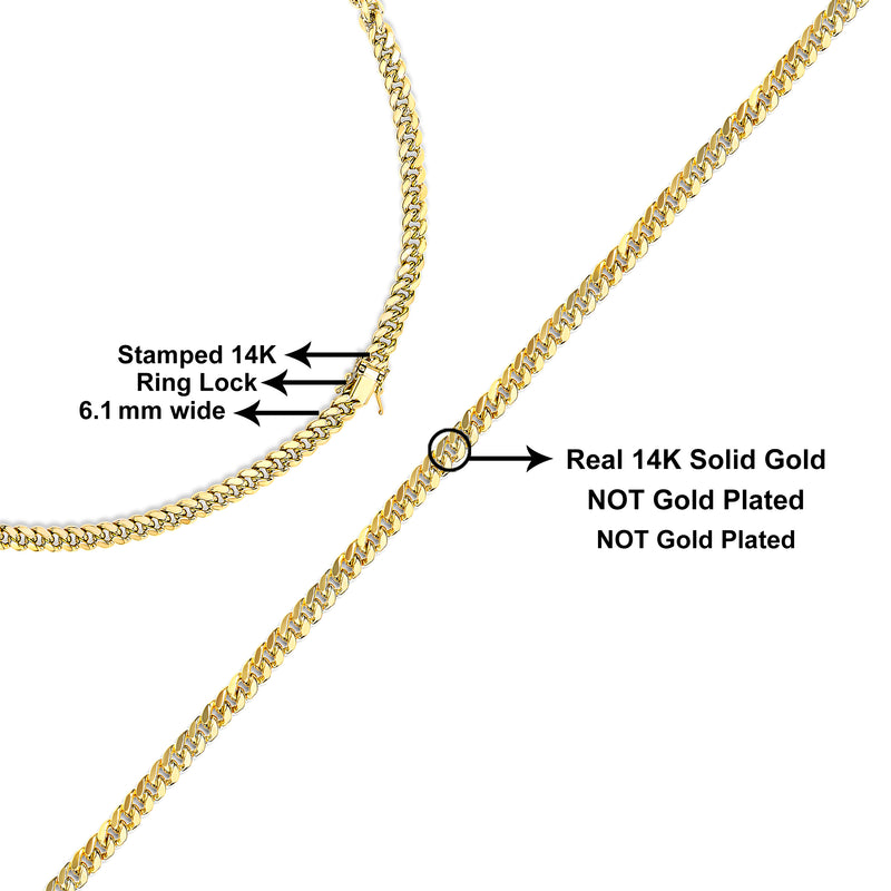 Semi-Solid 14K Yellow Gold 6.1mm Classic Miami Cuban Chain Necklace - 22 Inches