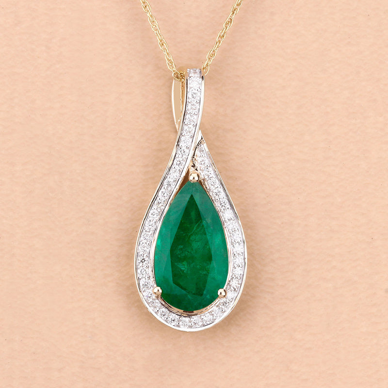 IGI Certified 3.16 Carat Genuine Zambian Emerald and White Diamond 14K Yellow Gold Pendant