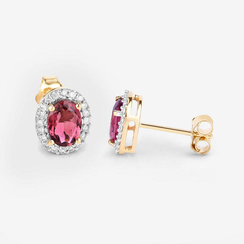 1.64 Carat Genuine Pink Tourmaline and White Diamond 14K Yellow Gold Earrings