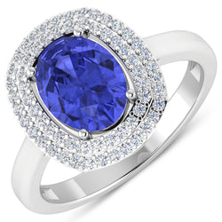 2.02 Carat Genuine Tanzanite and White Diamond 14K White Gold Ring