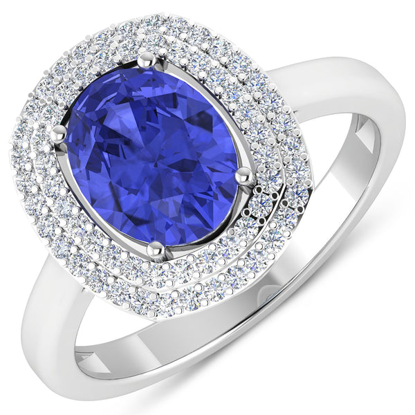 2.02 Carat Genuine Tanzanite and White Diamond 14K White Gold Ring