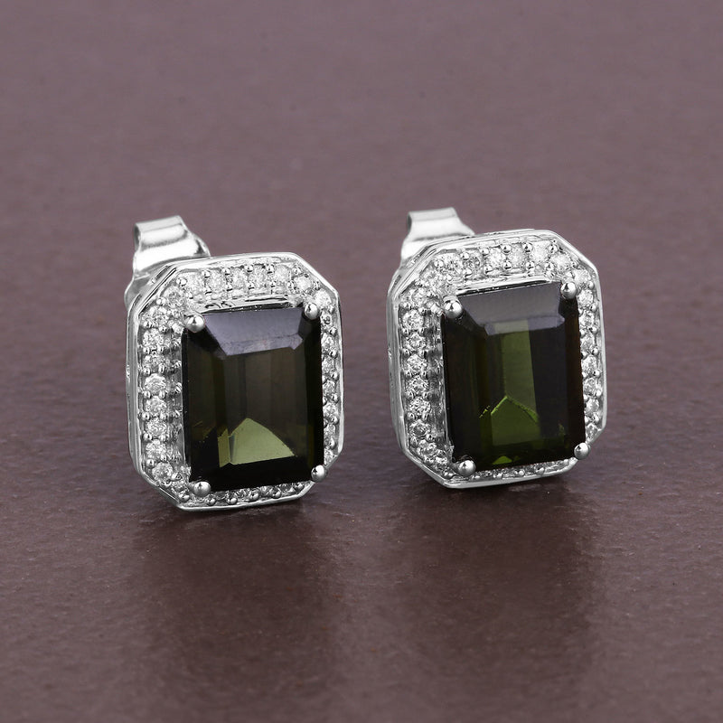 3.57 Carat Genuine Green Tourmaline and White Diamond 14K White Gold Earrings