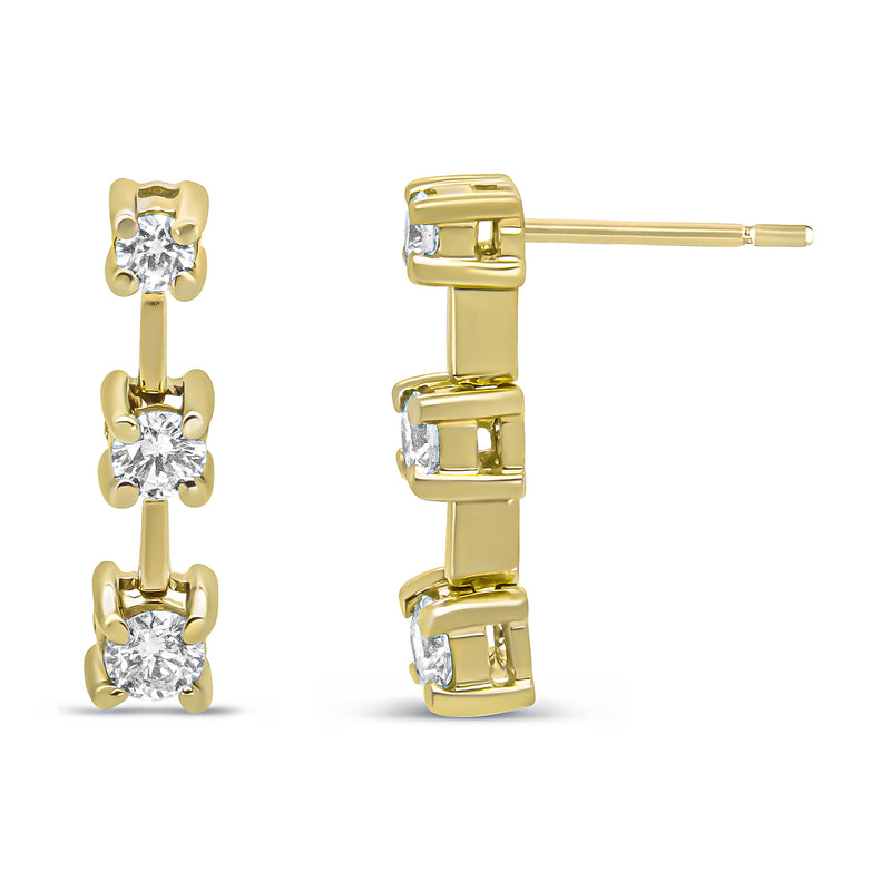 14K Yellow Gold 1/2 Cttw Round Diamond 3 Stone Graduated Linear Drop Past, Present and Future Stud Earrings (H-I Color, SI1-SI2 Clarity)