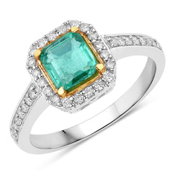 1.18 Carat Genuine Emerald and White Diamond 14K White Gold Ring