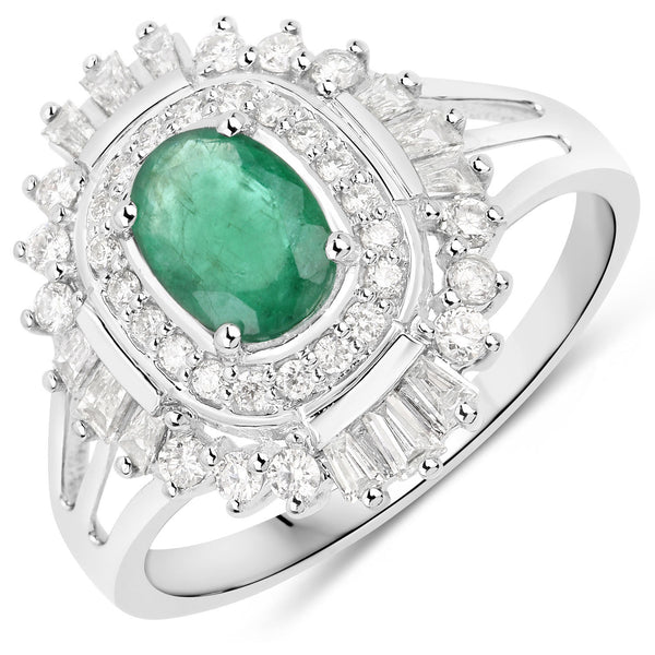 1.43 Carat Genuine Zambian Emerald and White Diamond 14K White Gold Ring