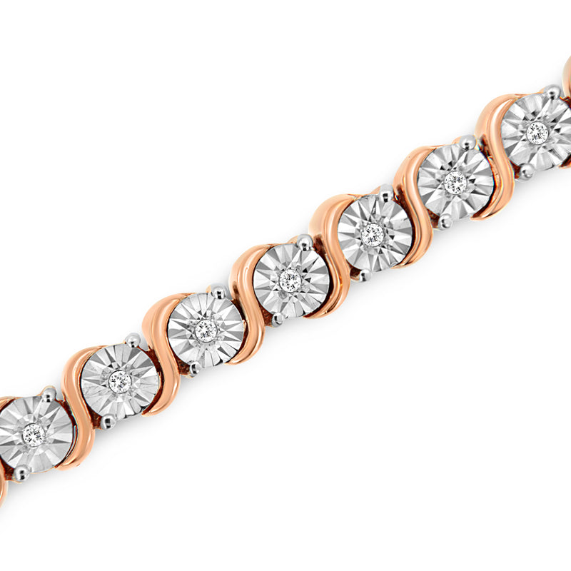 14K Rose Gold Plated .925 Sterling Silver 1/4 Cttw Diamond Round Miracle Plate and "S" Link Tennis Bracelet (I-J Color, I2- I3 Clarity) - 7"