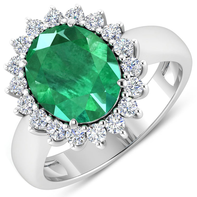 3.74 Carat Genuine Zambian Emerald and White Diamond 14K White Gold Ring