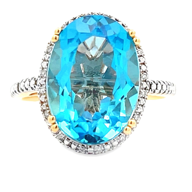 Genuine 8.57ct Blue Topaz Diamond Ring 14KT Yellow Gold