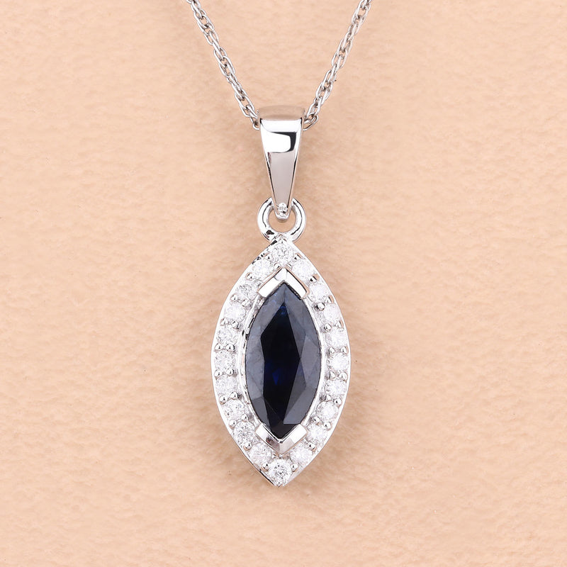 0.87 Carat Genuine Blue Sapphire and White Diamond 14K White Gold Pendant