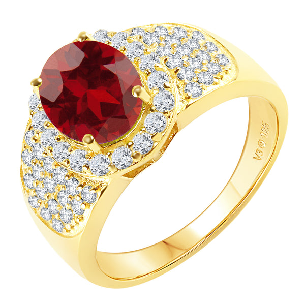 V3 Jewelry Natural Garnet & White Topaz Oval 18K Gold plated Pavé-Set Halo Ring