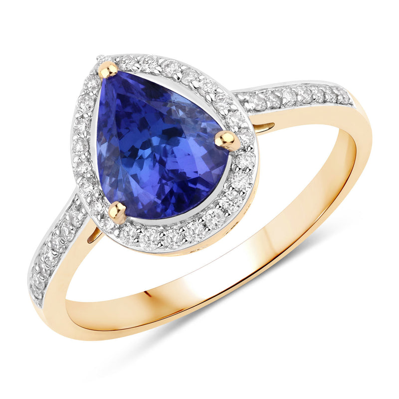 1.69 Carat Genuine Tanzanite and White Diamond 14K Yellow Gold Ring