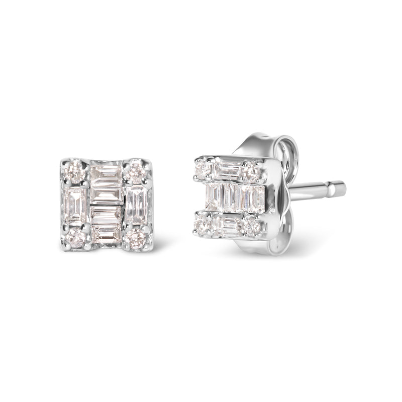 10K White Gold 1/7 Cttw Round and Baguette Diamond Mosaic Square Stud Earrings (H-I Color, I1-I2 Clarity)