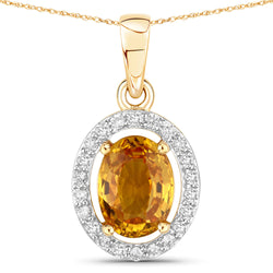 1.78 Carat Genuine Yellow Sapphire and White Diamond 14K Yellow Gold Pendant