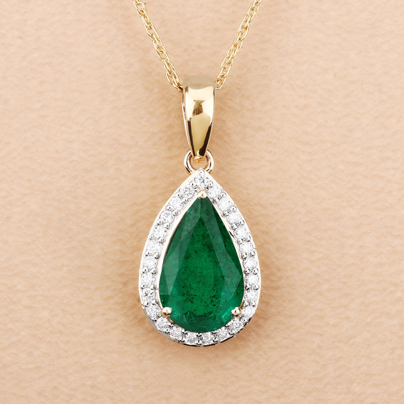 IGI Certified 1.76 Carat Genuine Zambian Emerald and White Diamond 14K Yellow Gold Pendant