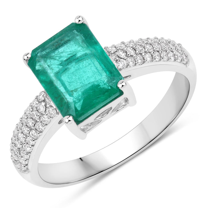 IGI Certified 2.52 Carat Genuine Zambian Emerald and White Diamond 14K White Gold Ring