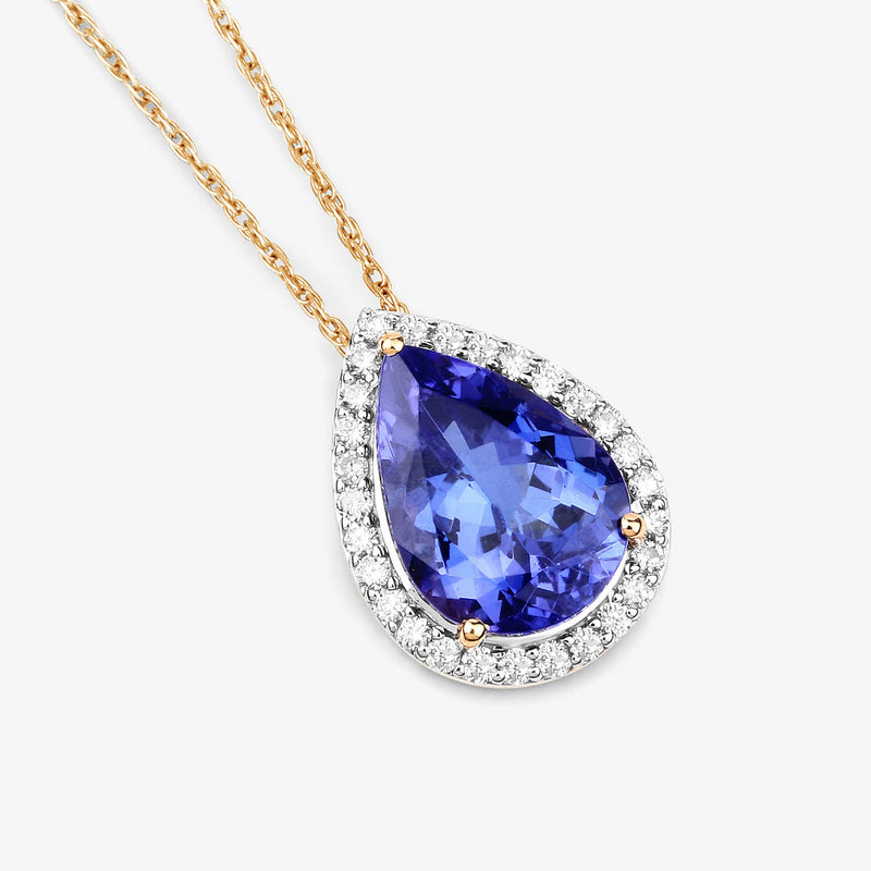 3.10 Carat Genuine Tanzanite and White Diamond 14K Yellow Gold Pendant