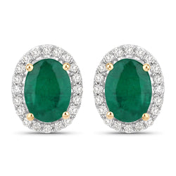 1.74 Carat Genuine Zambian Emerald and White Diamond 14K Yellow Gold Earrings