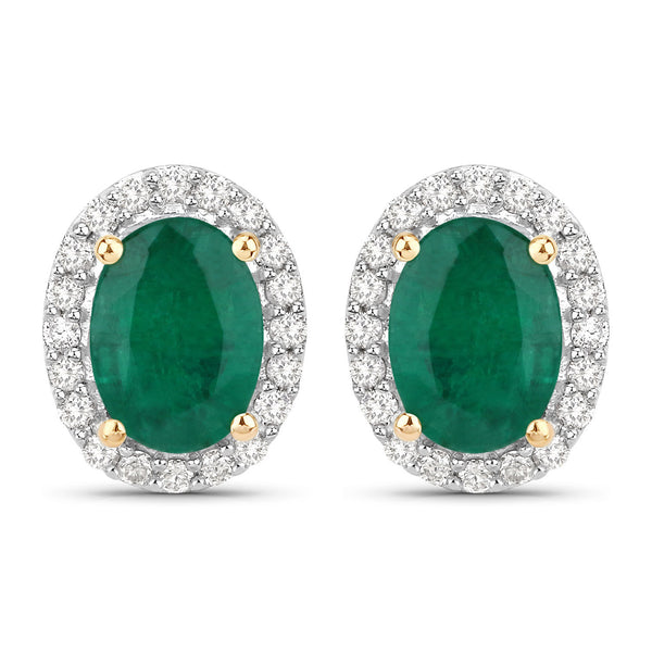 1.74 Carat Genuine Zambian Emerald and White Diamond 14K Yellow Gold Earrings