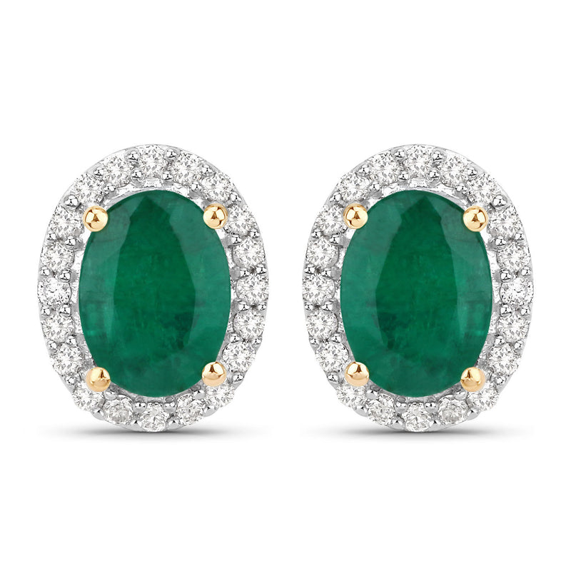 1.74 Carat Genuine Zambian Emerald and White Diamond 14K Yellow Gold Earrings