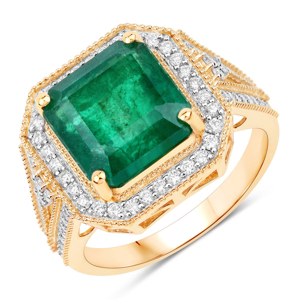 IGI Certified 6.20 Carat Genuine Zambian Emerald and White Diamond 14K Yellow Gold Ring