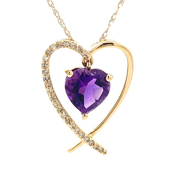 Amethyst Diamond Heart Love Pendant 14KT Yellow Gold