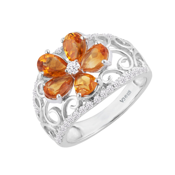 Sterling Silver Pear Shape Citrine & White Zircon Flower Ring