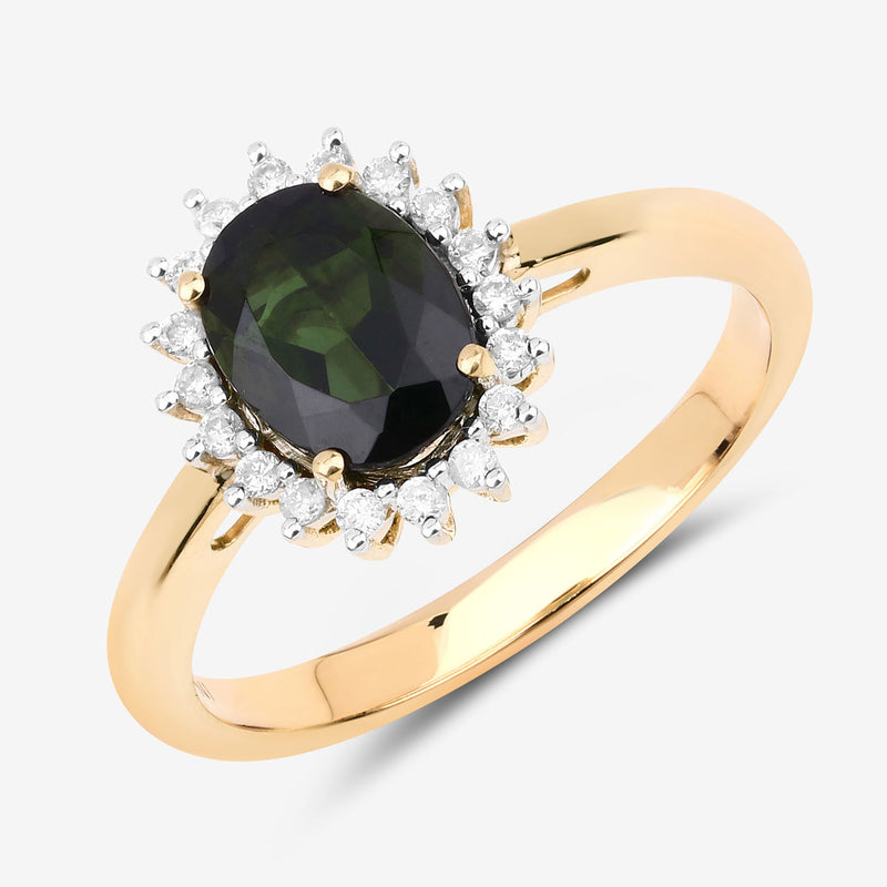 1.37 Carat Genuine Green Tourmaline and White Diamond 14K Yellow Gold Ring