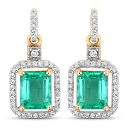 1.78 Carat Genuine Emerald and White Diamond 14K Yellow Gold Earrings