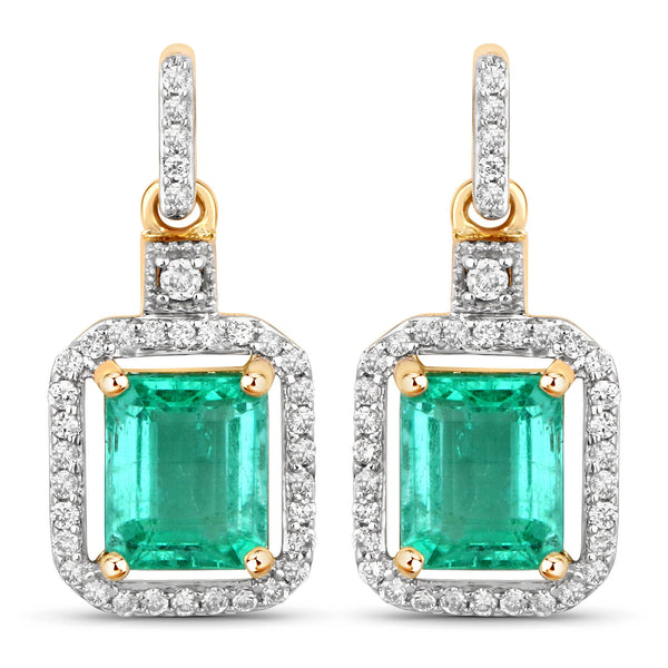 1.78 Carat Genuine Emerald and White Diamond 14K Yellow Gold Earrings