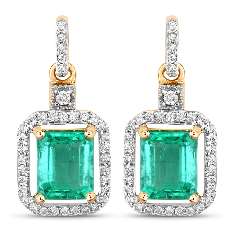 1.78 Carat Genuine Emerald and White Diamond 14K Yellow Gold Earrings