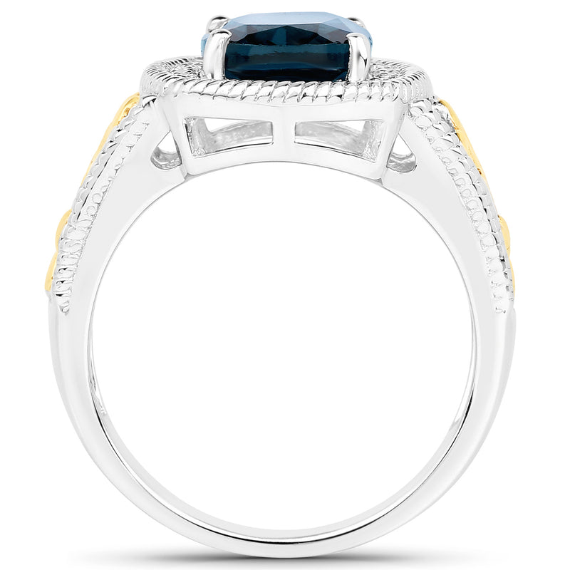 3.59 Carat Genuine London Blue Topaz and White Diamond 14K Yellow Gold with .925 Sterling Silver Ring