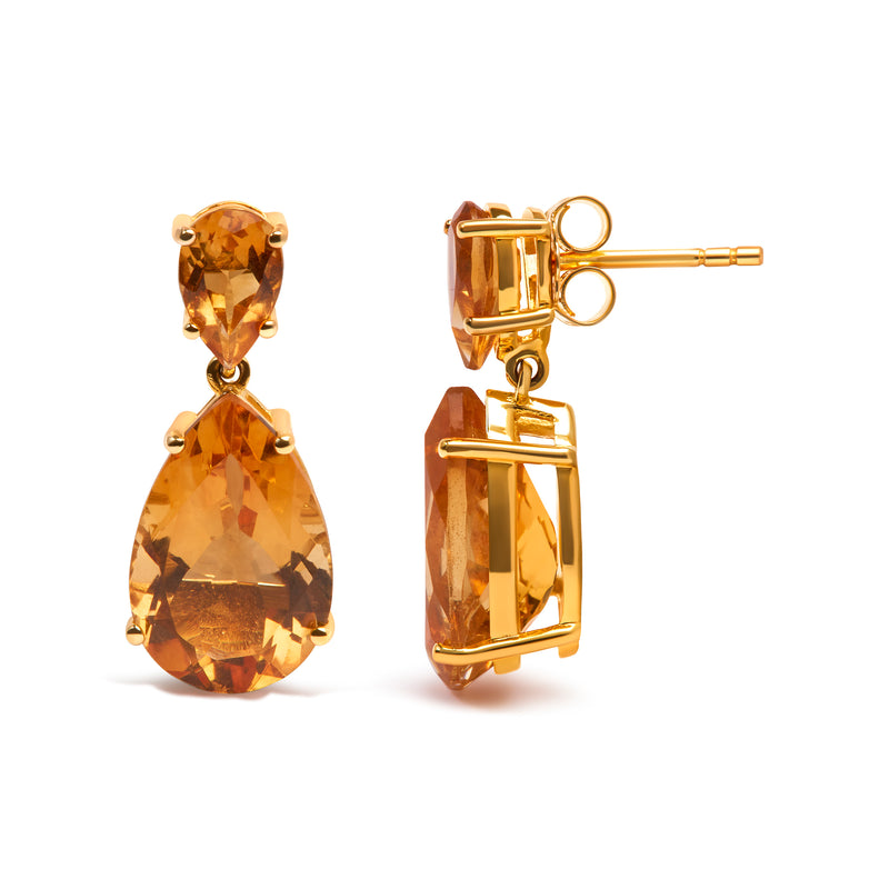 10K Yellow Gold Plated .925 Sterling Silver 12 1/3 Cttw Pear Shaped Orange Citrine Dangle Double Drop Stud Earring