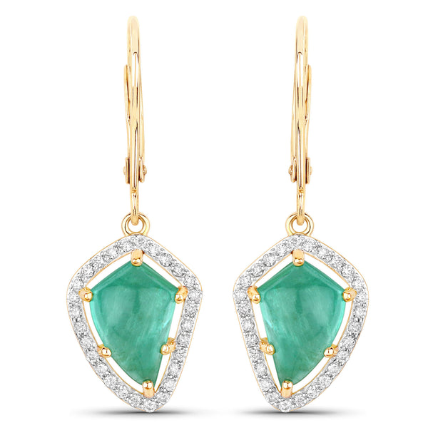 6.15 Carat Genuine Colombian Emerald and White Diamond 14K Yellow Gold Earrings