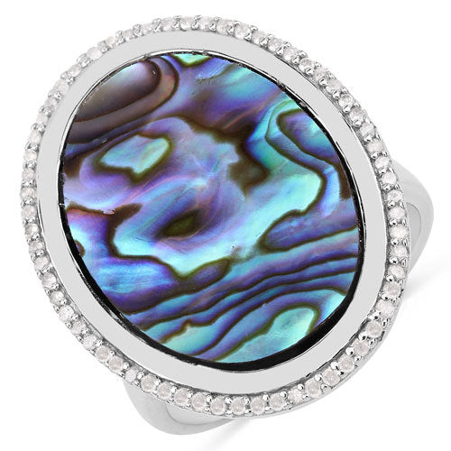 13.64 Carat Genuine Abalone and White Diamond .925 Sterling Silver Ring