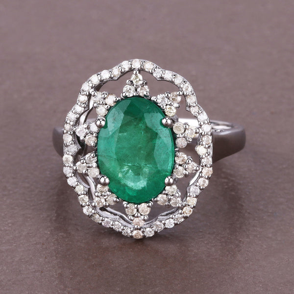 2.39 Carat Genuine Emerald and White Diamond .925 Sterling Silver Ring