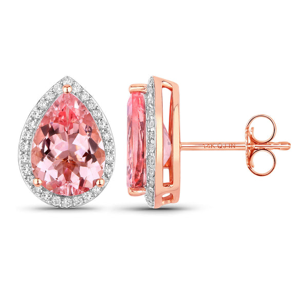 3.26 Carat Genuine Morganite and White Diamond 14K Rose Gold Earrings