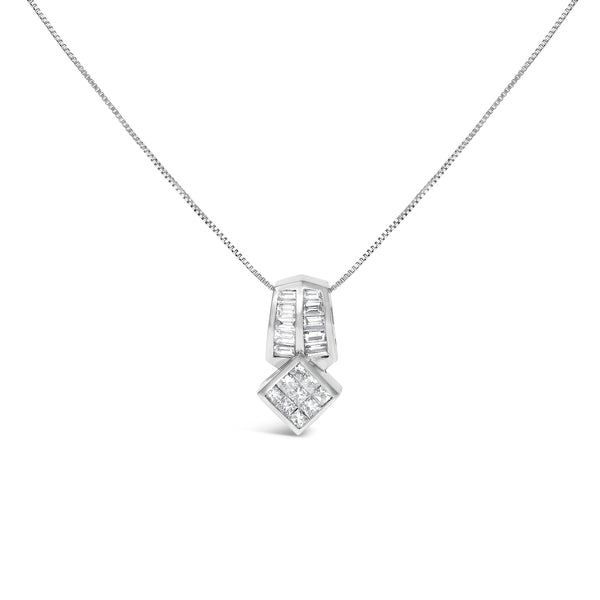 14K White Gold 1 1/2 Cttw Princess and Baguette Cut Diamond Multi-shape 18" Pendant Necklace (G-H Color, VS1-VS2 Clarity)