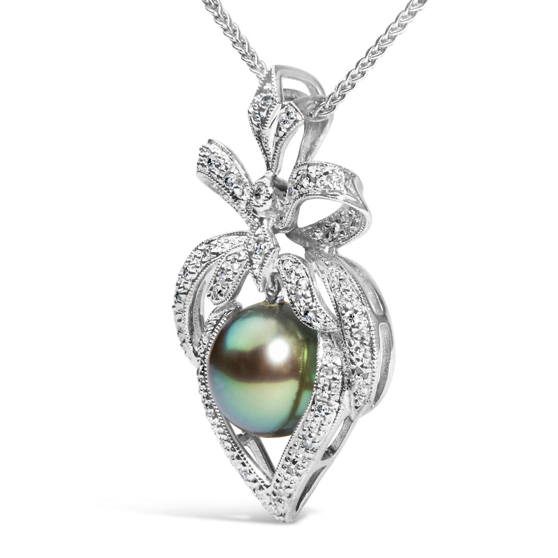 18K 3/4 Cttw Diamond and 12.5 MM Cultured Black Tahitian Pearl Heart Pendant Necklace (G-H Color, SI1-SI2 Clarity) - 18" Inches