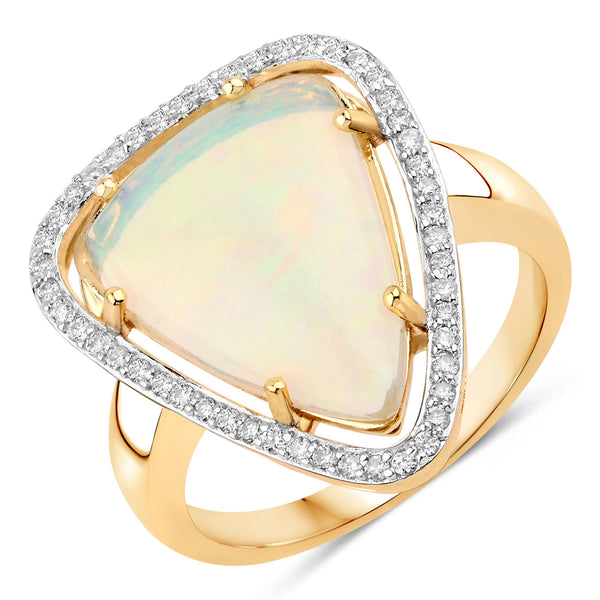 2.71 Carat Genuine Ethiopian Opal and White Diamond 14K Yellow Gold Ring